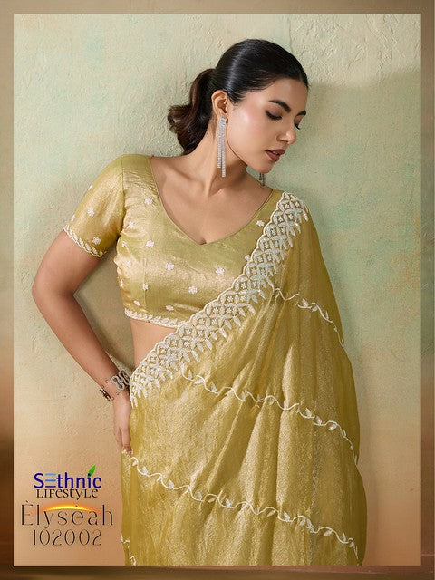 Sethnic Elyseah Velvet Chiffon Pallu Leheriya Pattern Embroidery Saree
