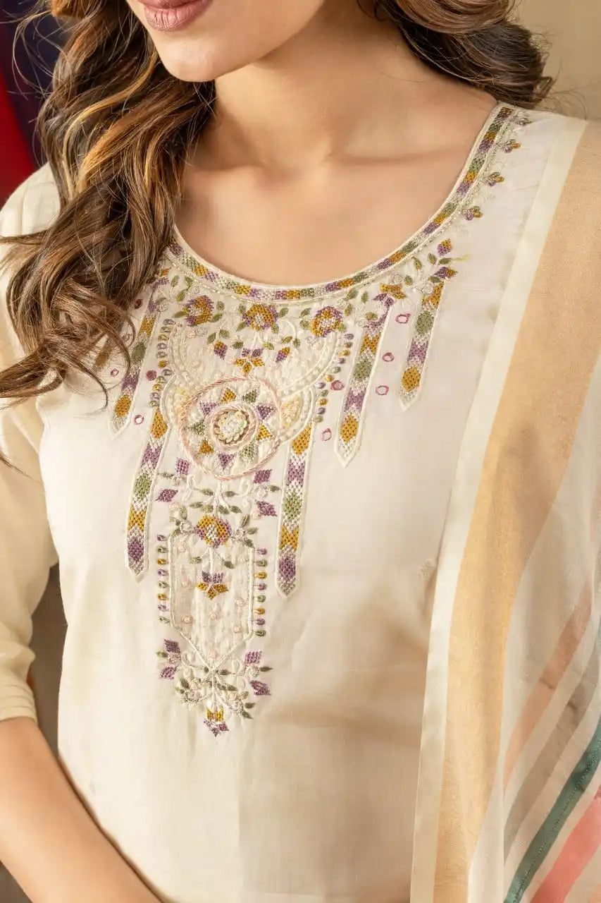 Lila 07 Gold Silk Cream Color Kurti Pant Dupatta With Hand Work Diwali Festival