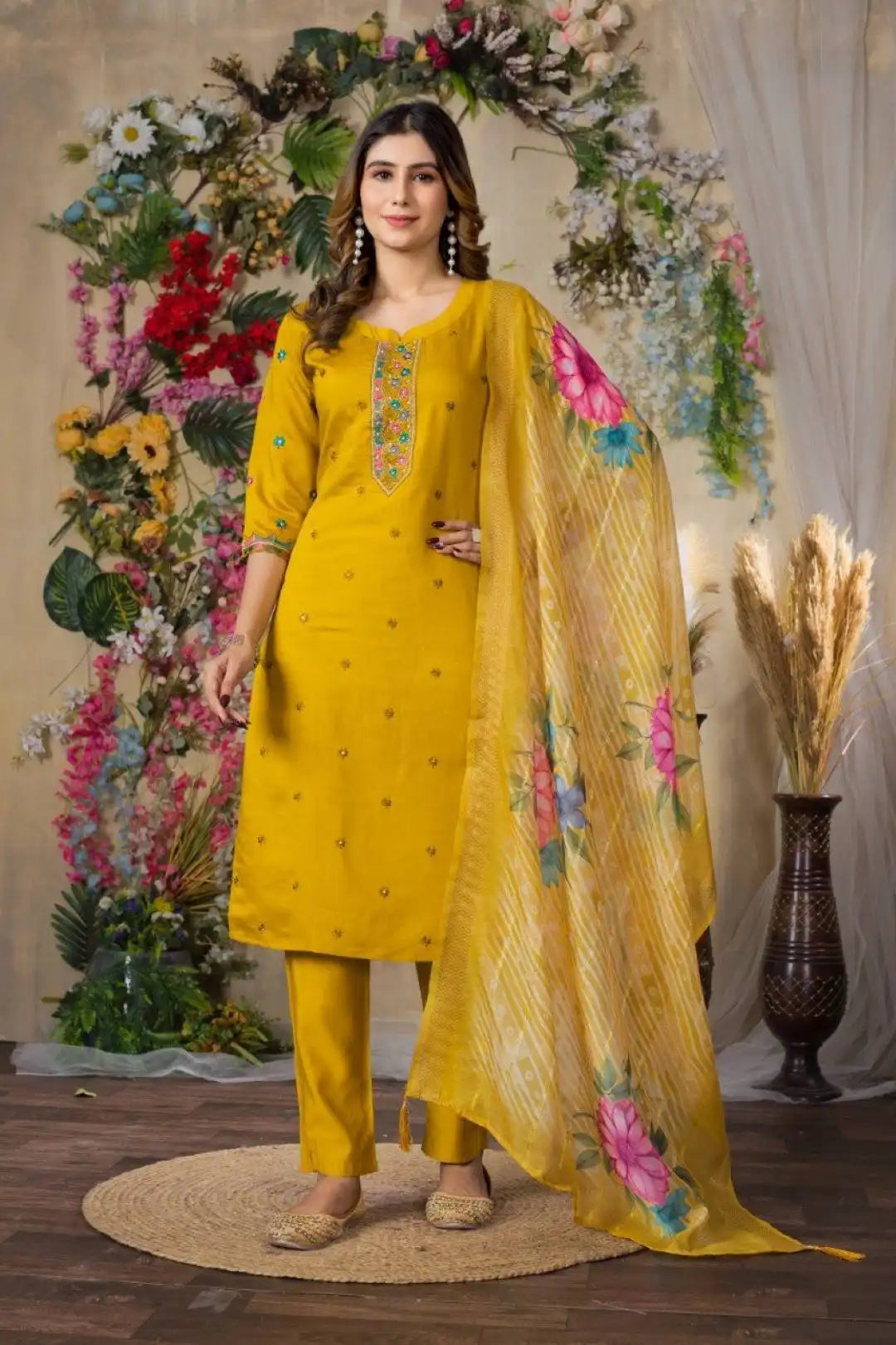 Lila 08 Viscose Roman Silk Yellow Color Salwar Suit With Embroidery Collection