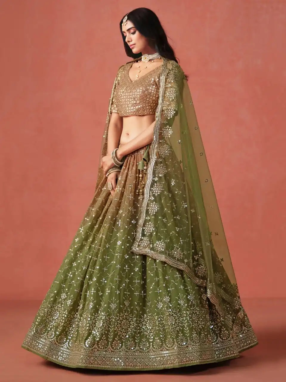 Zeel 7086 Mehndi Georgette Lehenga Choli Sequins Embroidery Work