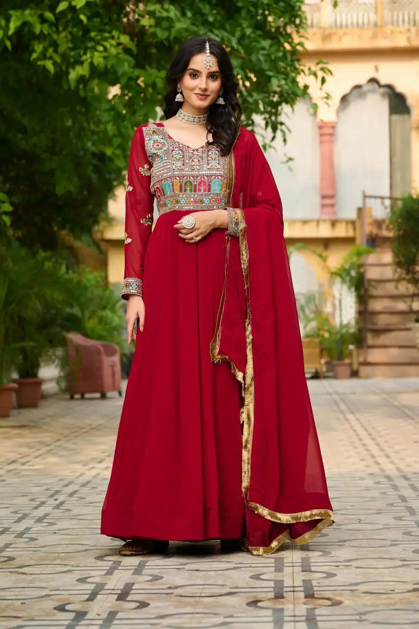 Mohini 9252 Red Color Blooming Gown With Dupatta Multi Thread Embroidered Work