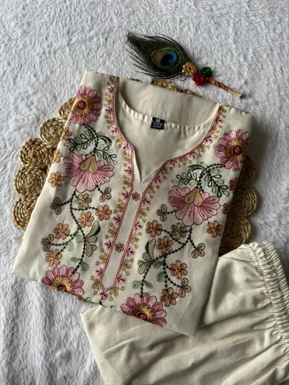 KR 384 Khadi Cotton Cream Co Ord Set Kurti With Embroidery Work