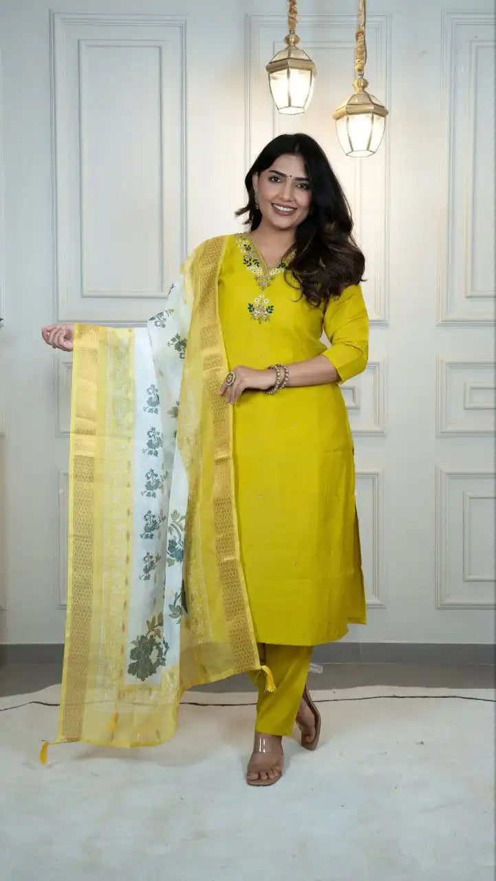 KR 379 Roman Silk Parrot Kurti Pant Dupatta With Hand Work