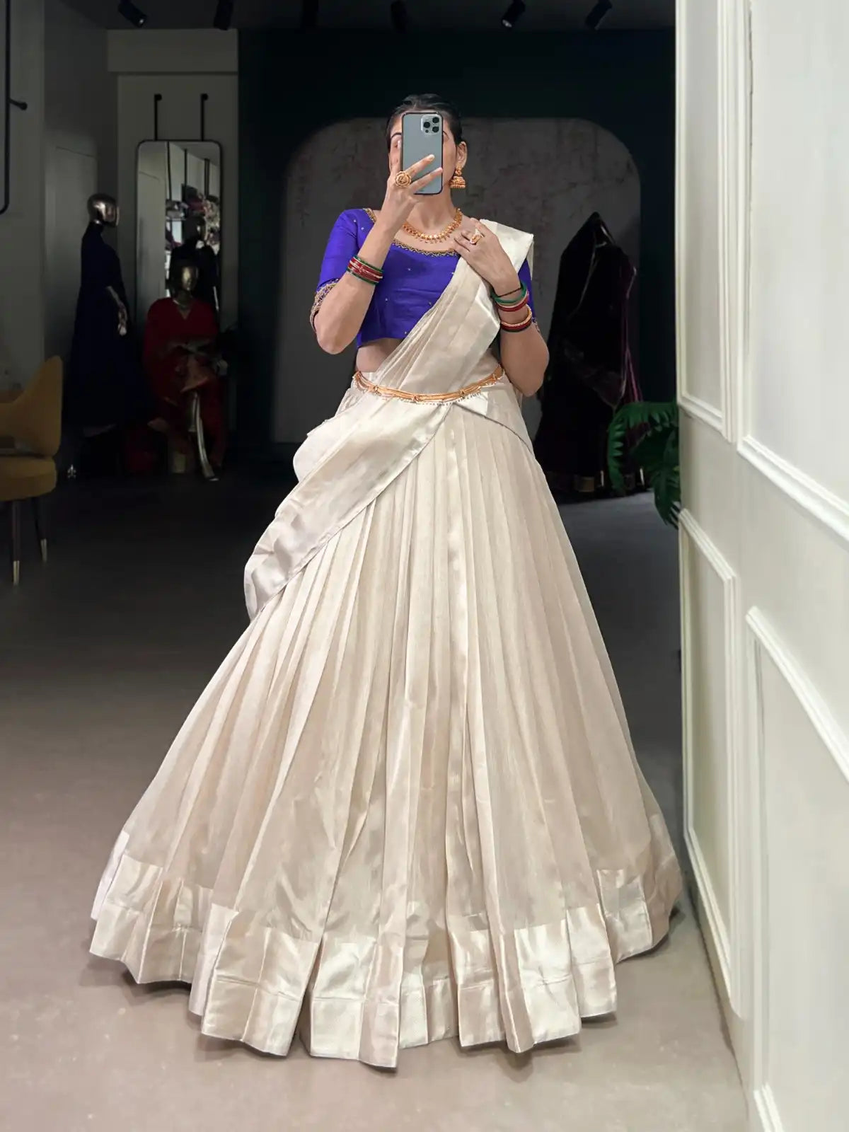 WMN 2030 White Blue Poly Tasar Lehenga Choli Onam Collection