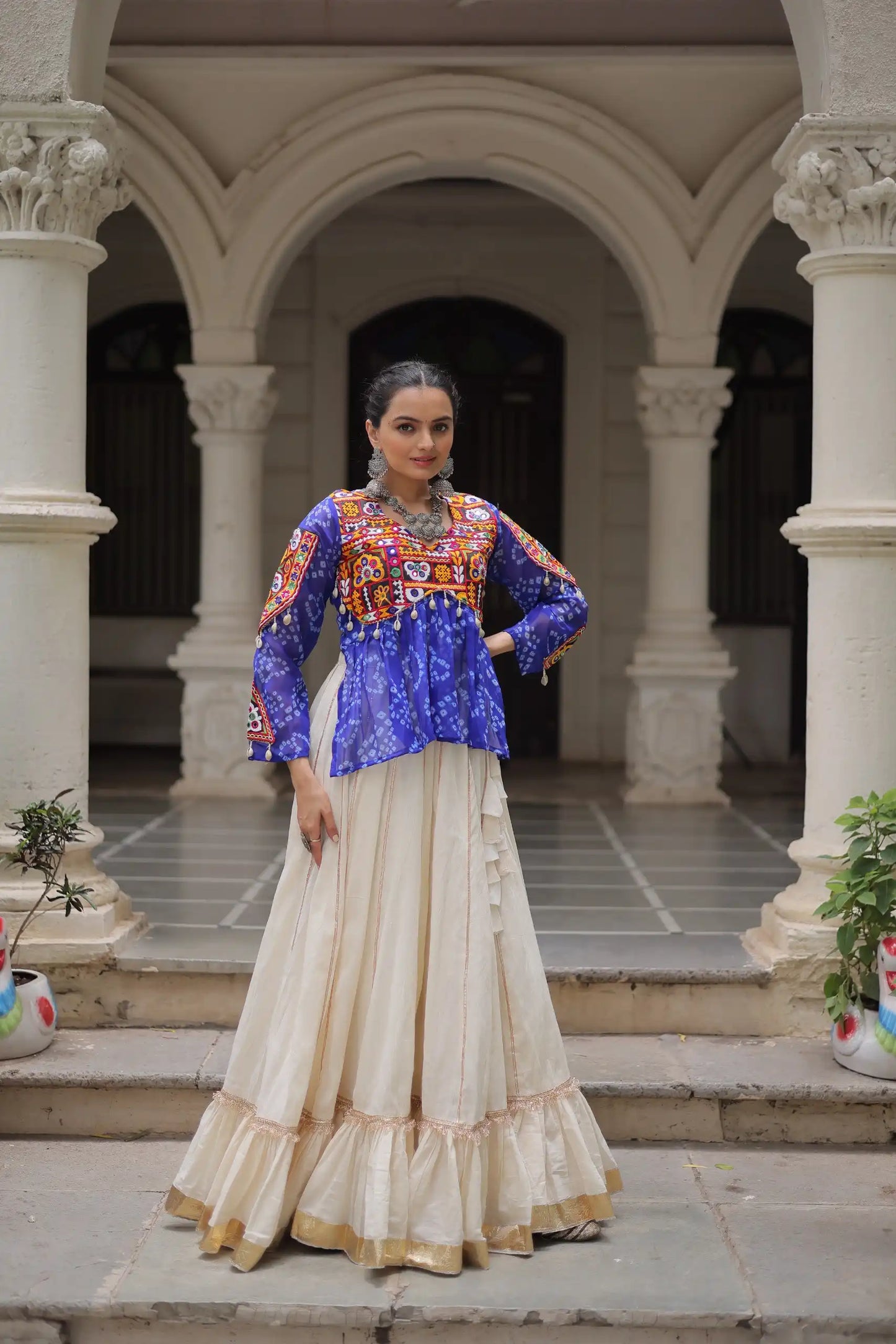 Moni 5044 White Blue Kora Cotton Navratri Lehenga Choli Collection 2025