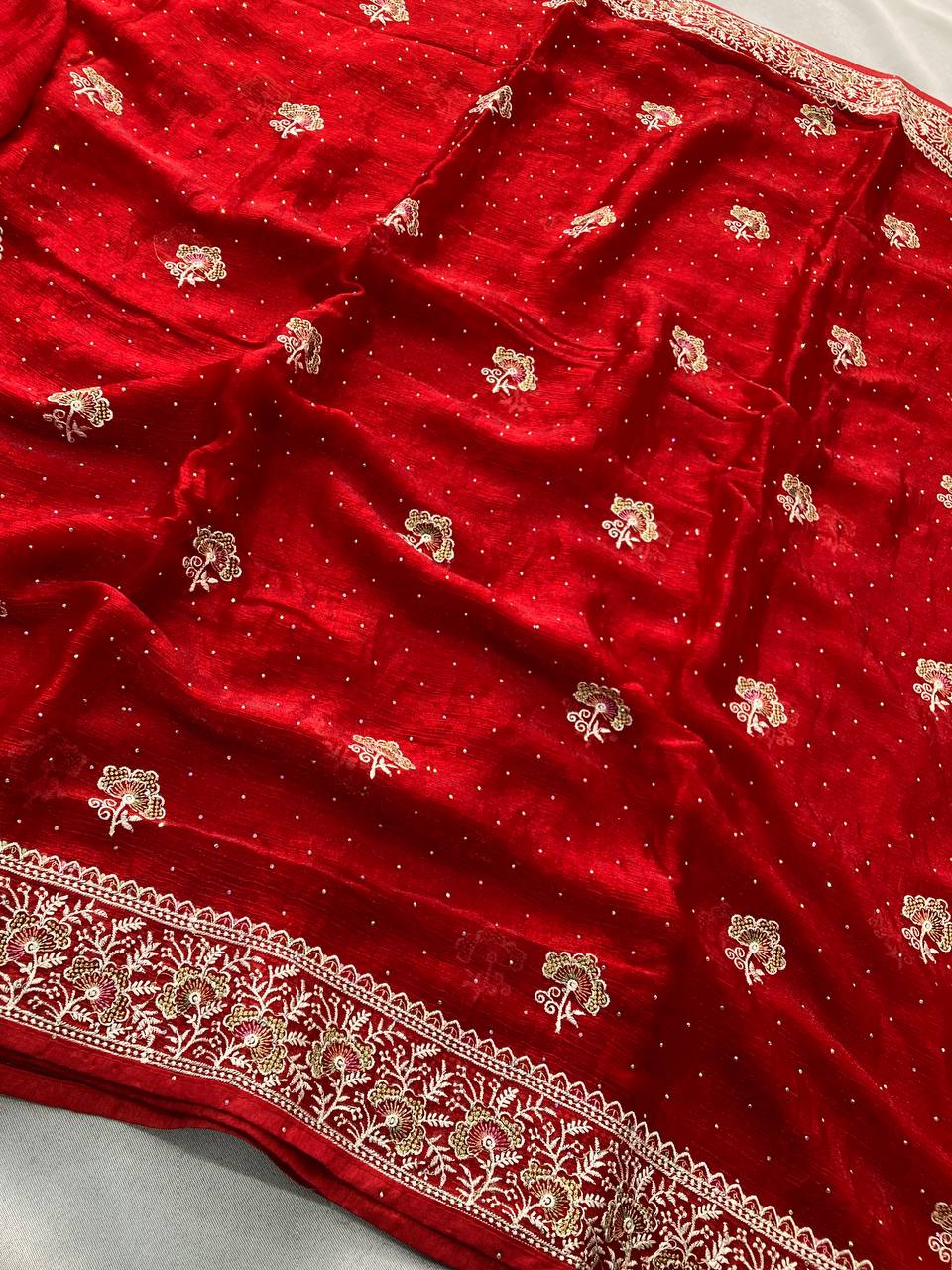Kiara Hammers 2 Party Wear Red Soft Fendi Chiffon Silk Saree