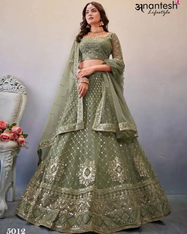 Anantesh Occations Vol 4 Mehndi Green Butterfly Net Lehenga Choli