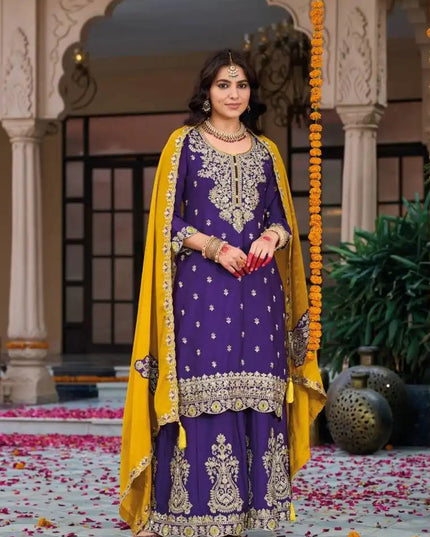 Eba Nikhar Chinon Kurti Sharara Suit With Emboidery Work