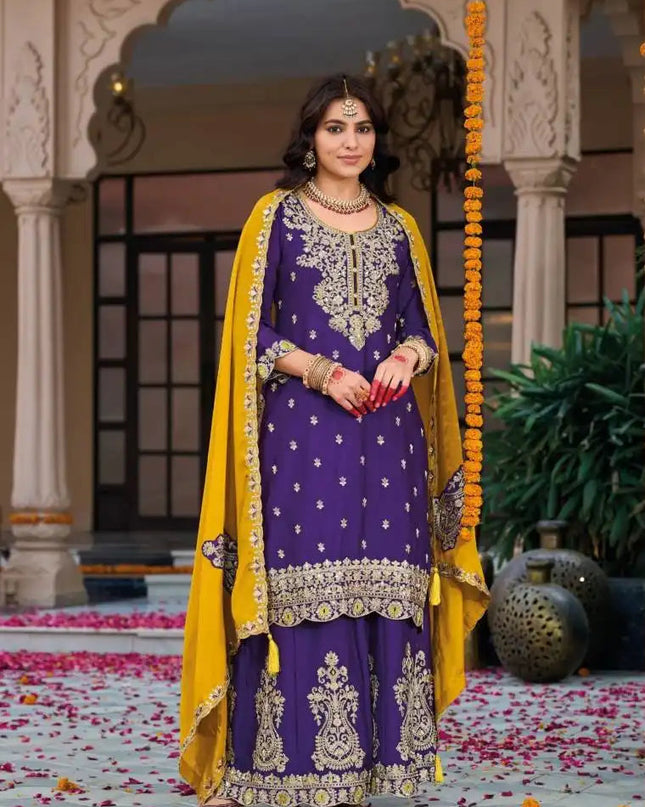 Eba Nikhar Chinon Kurti Sharara Suit With Emboidery Work