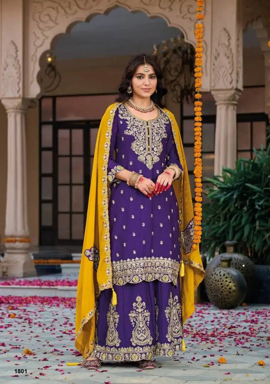 Eba Nikhar Chinon Kurti Sharara Suit With Emboidery Work