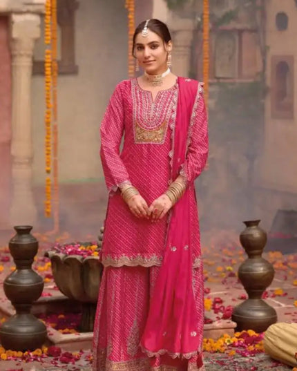 Eba Rashmika Ruby Color Chinon Digital Printed Embroidered Ready Made