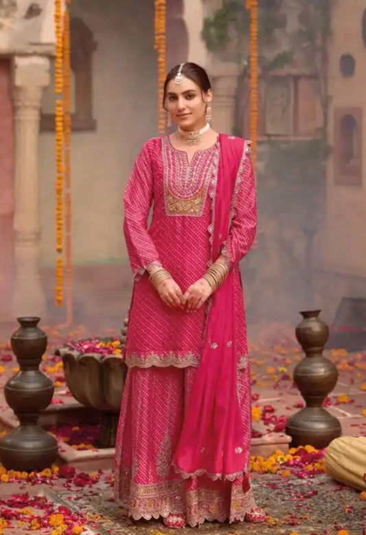 Eba Rashmika Ruby Color Chinon Digital Printed Embroidered Ready Made
