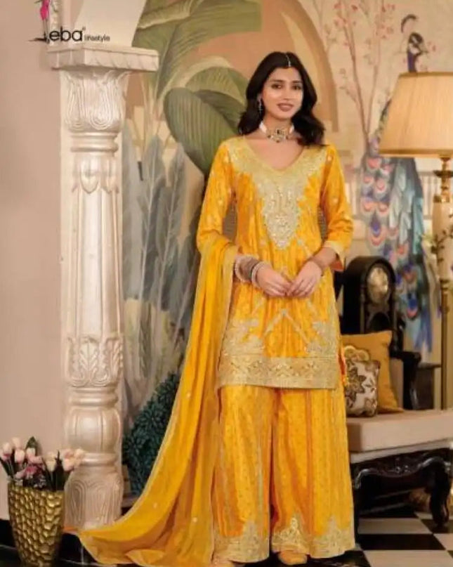 Eba Sangam Chinon Digital Printed Yellow Sharara Suit Collection