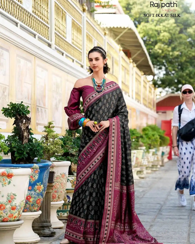 Rajpath Taj Mahal Vol 2 Soft Ikkat Silk Sari Balck