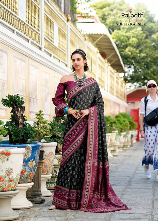 Rajpath Taj Mahal Vol 2 Soft Ikkat Silk Sari Balck