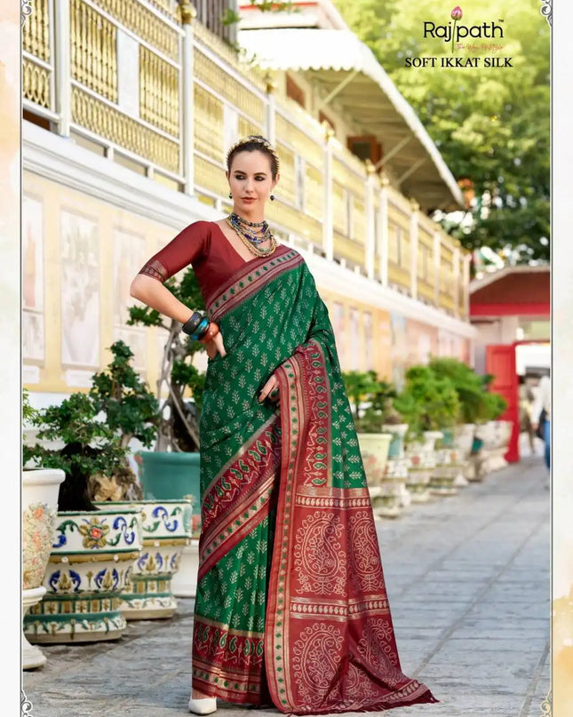 Rajpath Taj Mahal Vol 2 Soft Ikkat Silk Sari Green