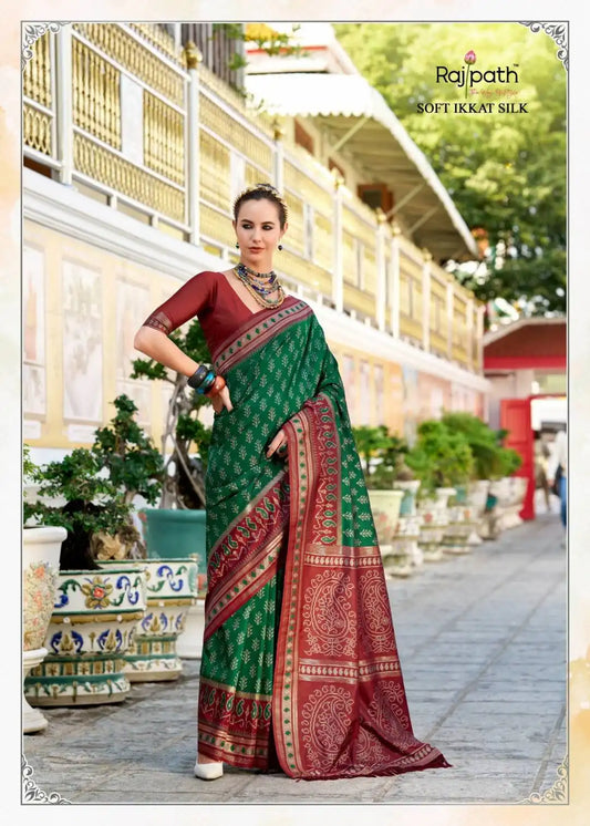 Rajpath Taj Mahal Vol 2 Soft Ikkat Silk Sari Green