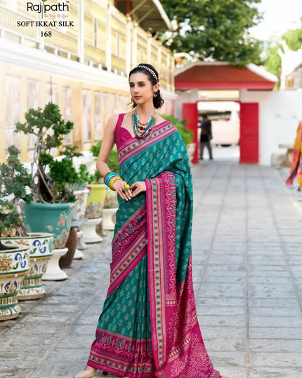 Rajpath Taj Mahal Vol 2 Soft Ikkat Silk Sari Seagreen