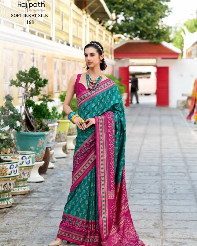 Rajpath Taj Mahal Vol 2 Soft Ikkat Silk Sari Seagreen