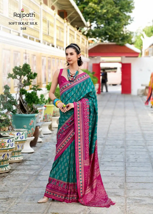 Rajpath Taj Mahal Vol 2 Soft Ikkat Silk Sari Seagreen