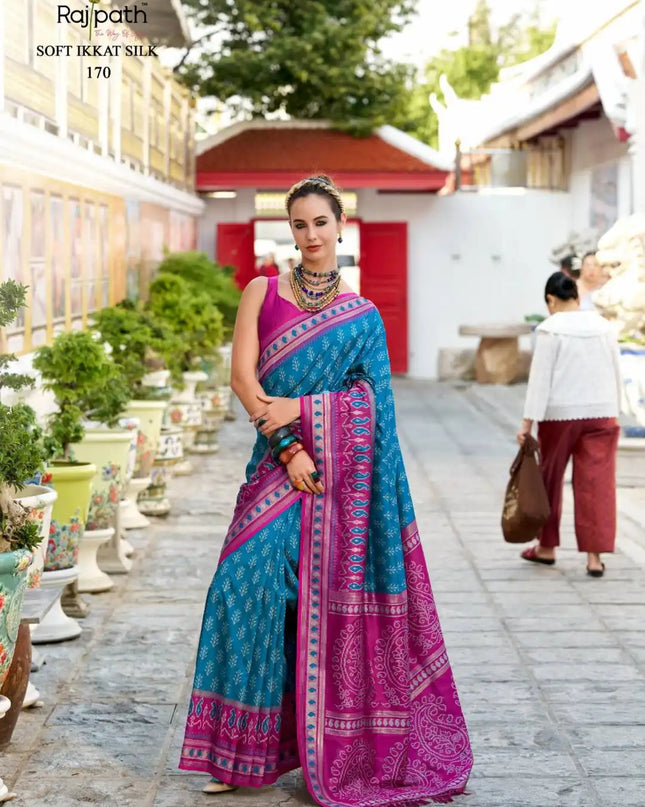 Rajpath Taj Mahal Vol 2 Soft Ikkat Silk Sari Skyblue
