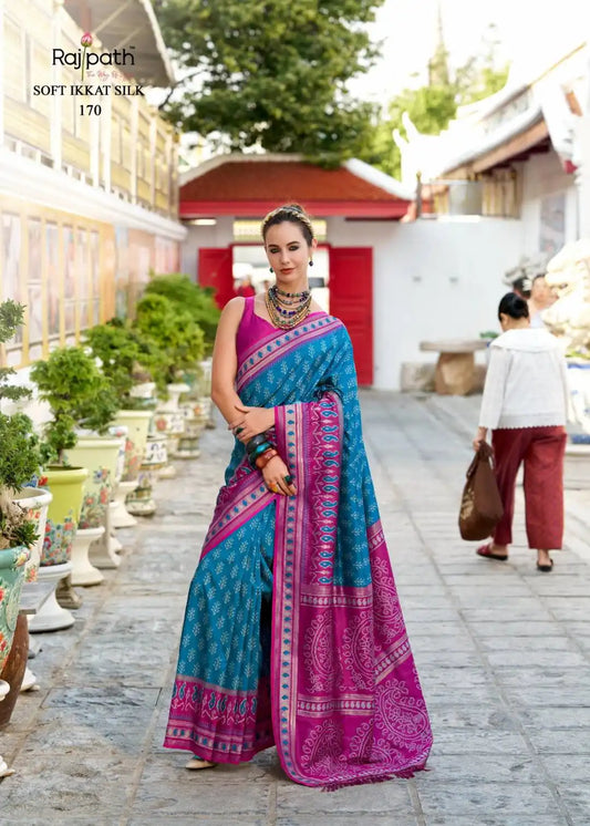 Rajpath Taj Mahal Vol 2 Soft Ikkat Silk Sari Skyblue
