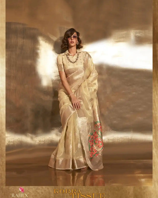 Rajtex Korra Tissue Sari With Paithani Zari Work 370002