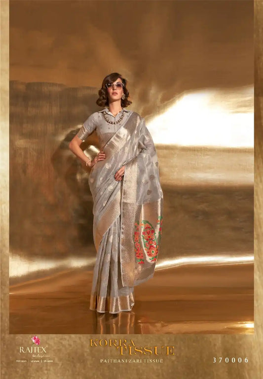 Rajtex Korra Tissue Sari With Paithani Zari Work 370006