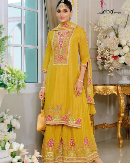 Eba Kiyara Designer Chinon Yellow Sharara Suit Latest Collection