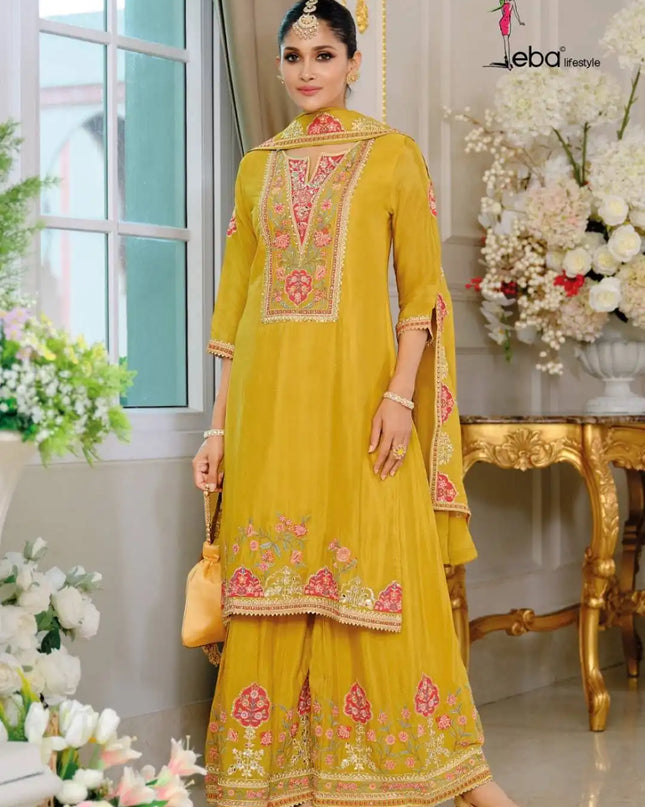 Eba Kiyara Designer Chinon Yellow Sharara Suit Latest Collection