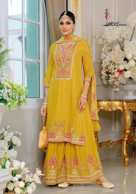 Eba Kiyara Designer Chinon Yellow Sharara Suit Latest Collection