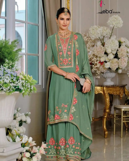 Eba Kiyara Designer Chinon Emerald Color Embroidered Readymade Suits 2025