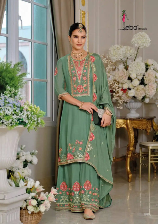 Eba Kiyara Designer Chinon Emerald Color Embroidered Readymade Suits 2025