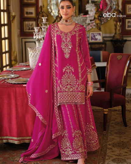 Eba Sundari Chinon Ruby Color Readymade Suit With Embroidery Work