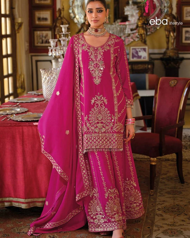 Eba Sundari Chinon Ruby Color Readymade Suit With Embroidery Work