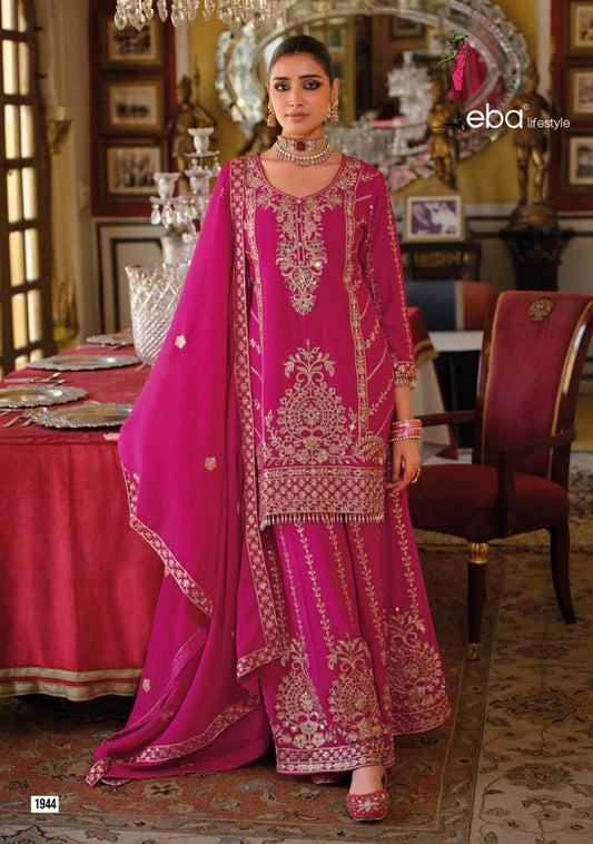 Eba Sundari Chinon Ruby Color Readymade Suit With Embroidery Work