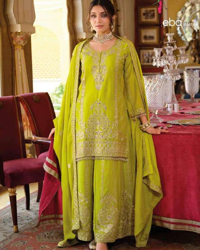 Eba Sundari Chinon Lime Color Readymade Suit With Embroidery Work
