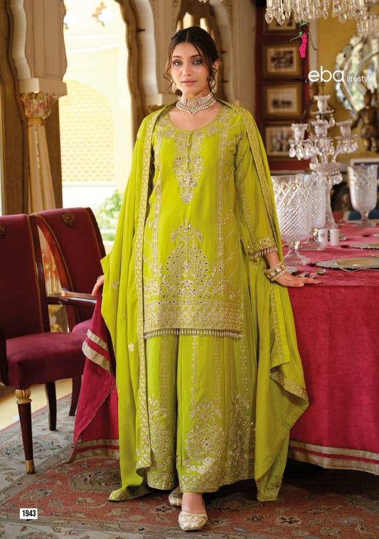 Eba Sundari Chinon Lime Color Readymade Suit With Embroidery Work