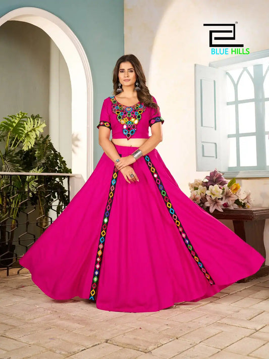 Blue Hills Mohini Rayon Pink Color Navratri Skirt Blouse With Mirror Work