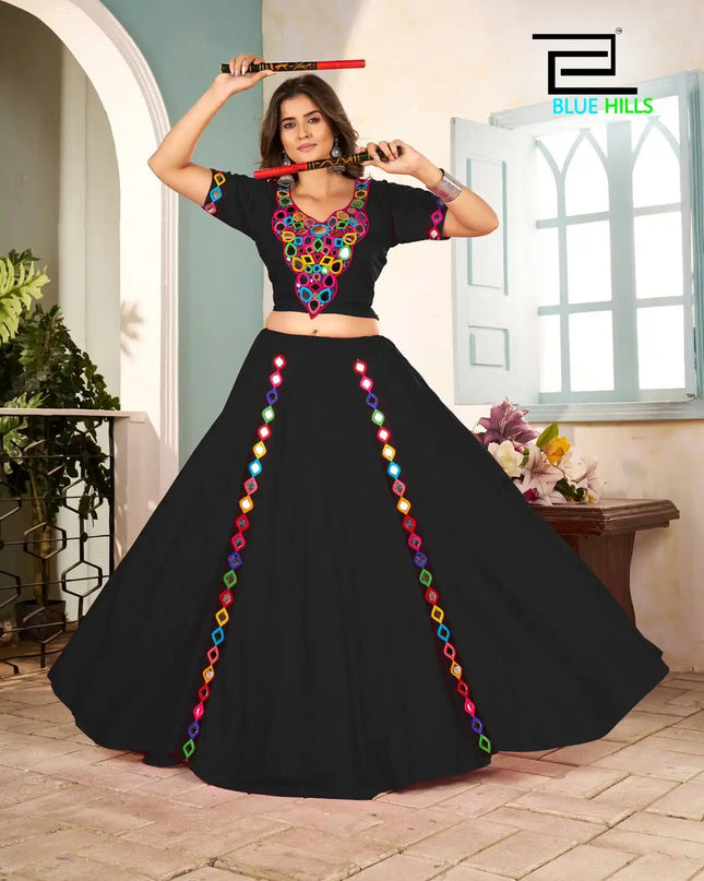 Blue Hills Mohini Rayon Black Color Navratri Skirt Blouse With Mirror Work