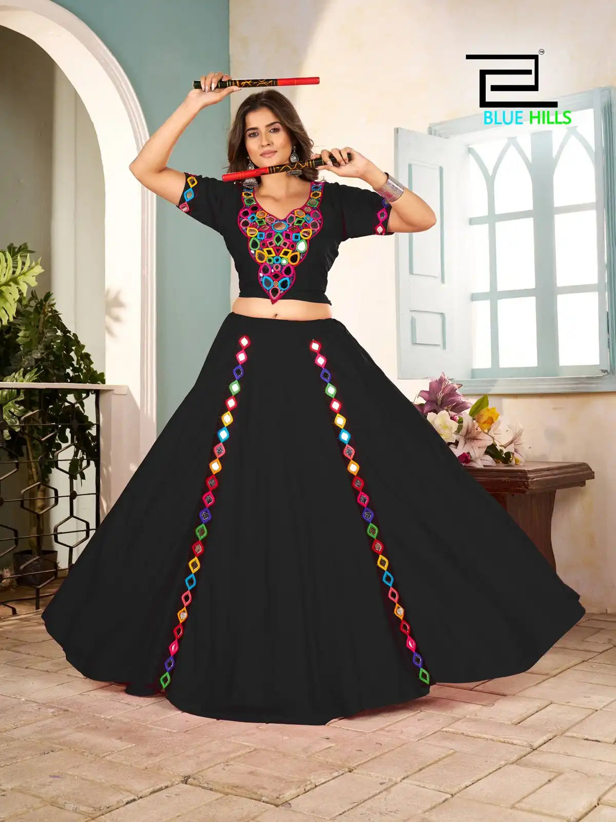 Blue Hills Mohini Rayon Black Color Navratri Skirt Blouse With Mirror Work
