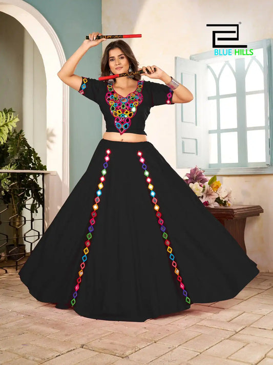 Blue Hills Mohini Rayon Black Color Navratri Skirt Blouse With Mirror Work
