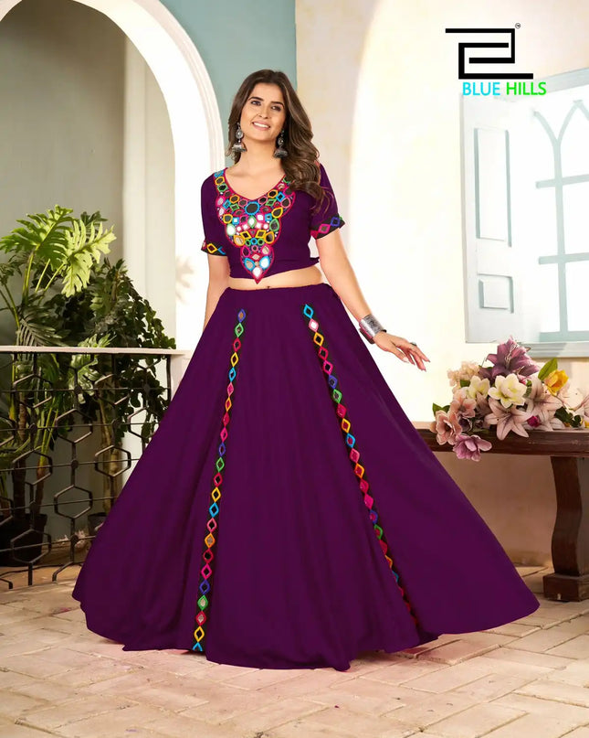 Blue Hills Mohini Rayon Purple Color Navratri Skirt Blouse With Mirror Work
