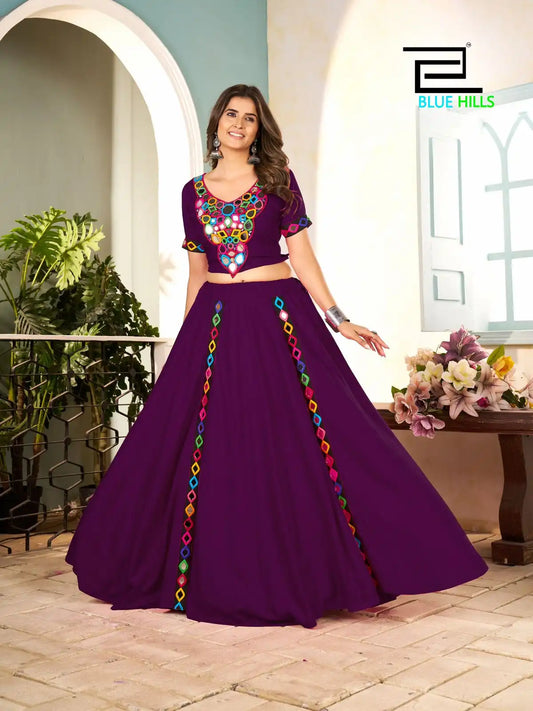 Blue Hills Mohini Rayon Purple Color Navratri Skirt Blouse With Mirror Work