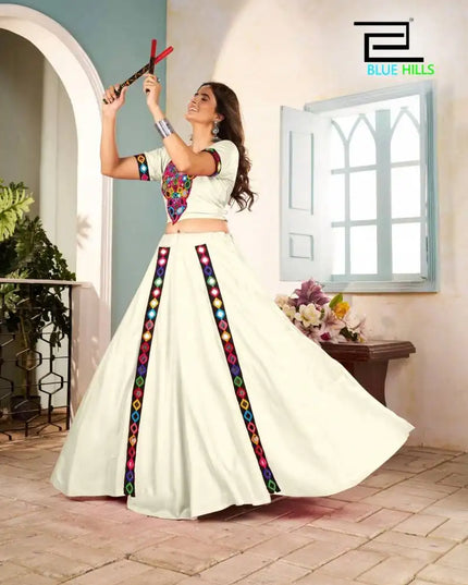 Blue Hills Mohini Rayon White Color Navratri Skirt Blouse With Mirror Work