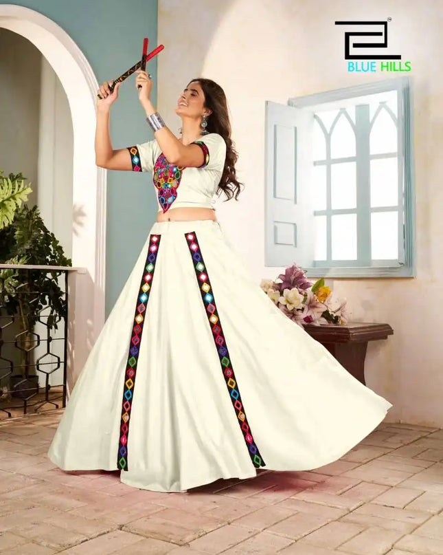 Blue Hills Mohini Rayon White Color Navratri Skirt Blouse With Mirror Work