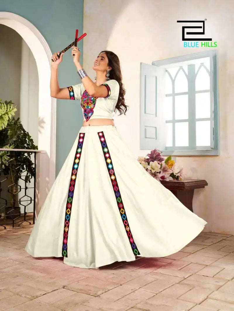 Blue Hills Mohini Rayon White Color Navratri Skirt Blouse With Mirror Work