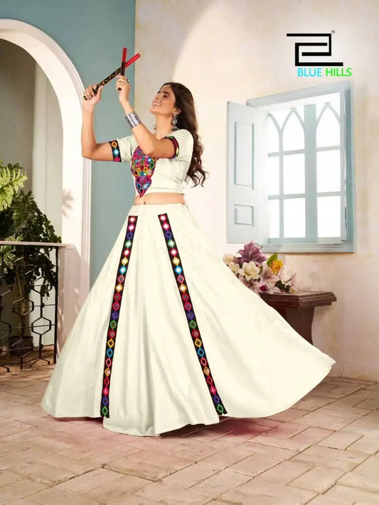 Blue Hills Mohini Rayon White Color Navratri Skirt Blouse With Mirror Work