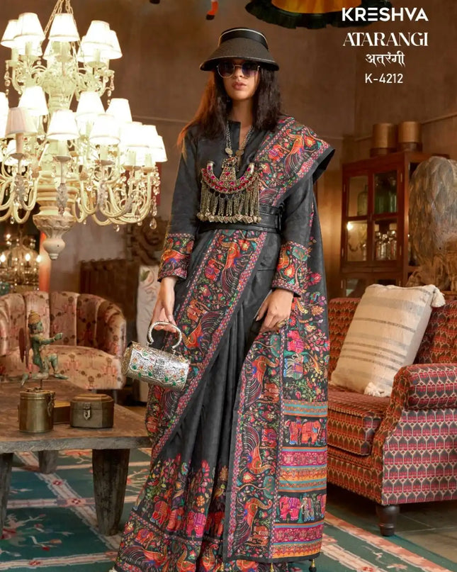 Kreshva Atrangi Silk Grey Color Designer Printed Sari Party Wear Collection