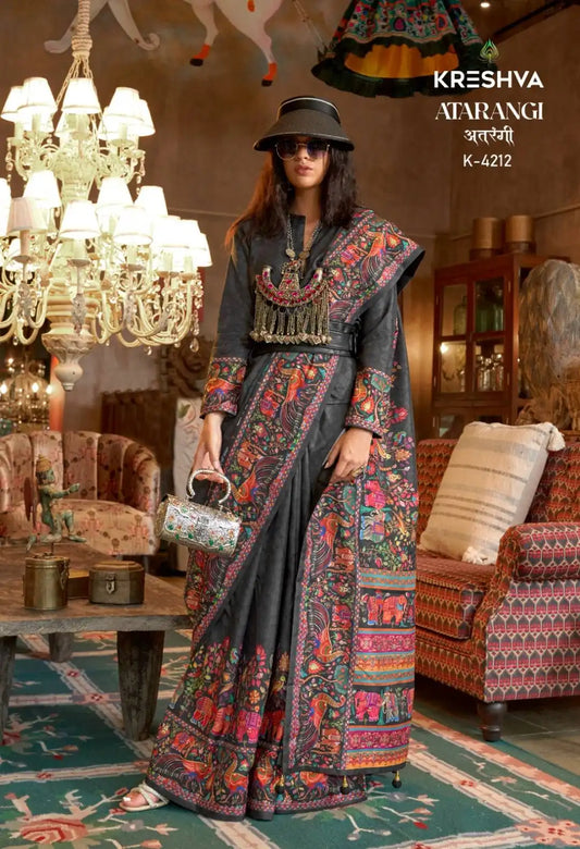 Kreshva Atrangi Silk Grey Color Designer Printed Sari Party Wear Collection
